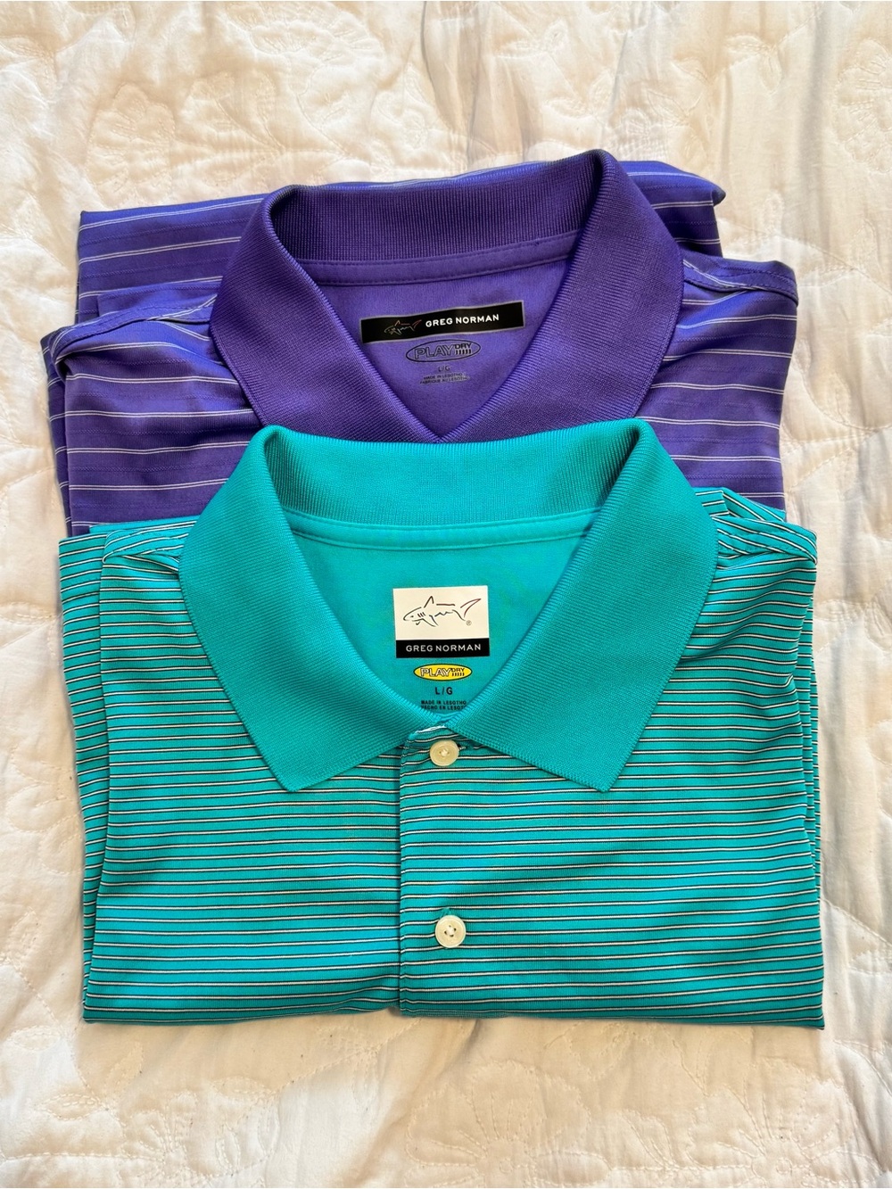 Greg Norman Collection Teal Striped Polo & Purple Polo